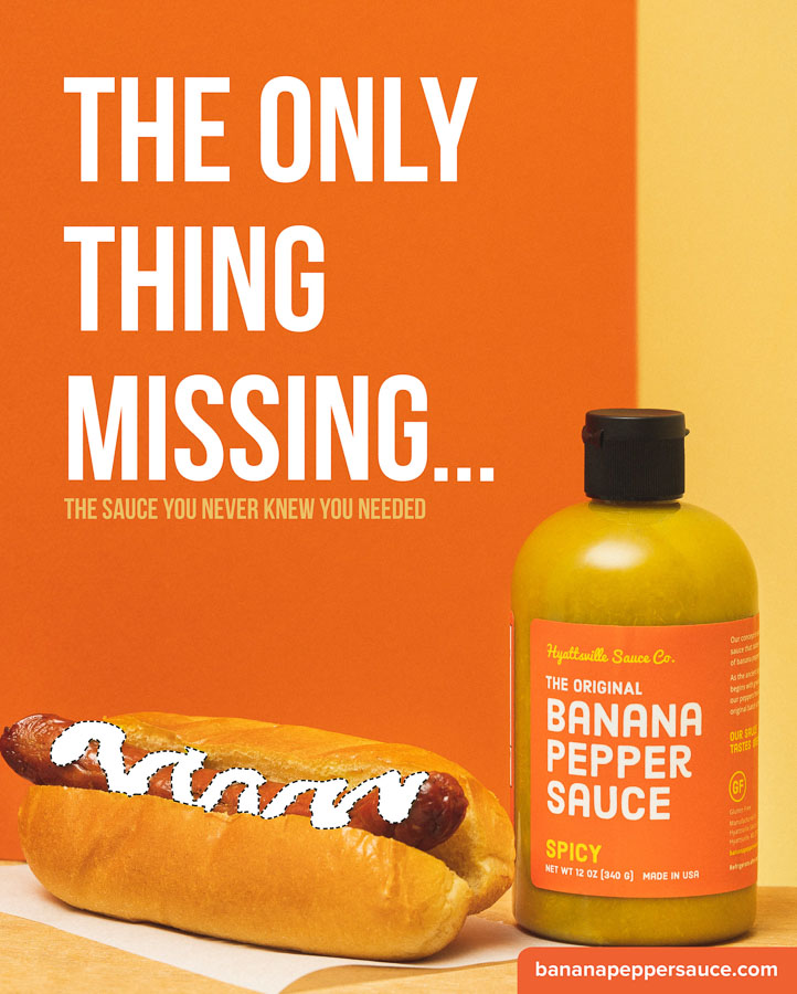 Banana Pepper Sauce on a hotdog AD